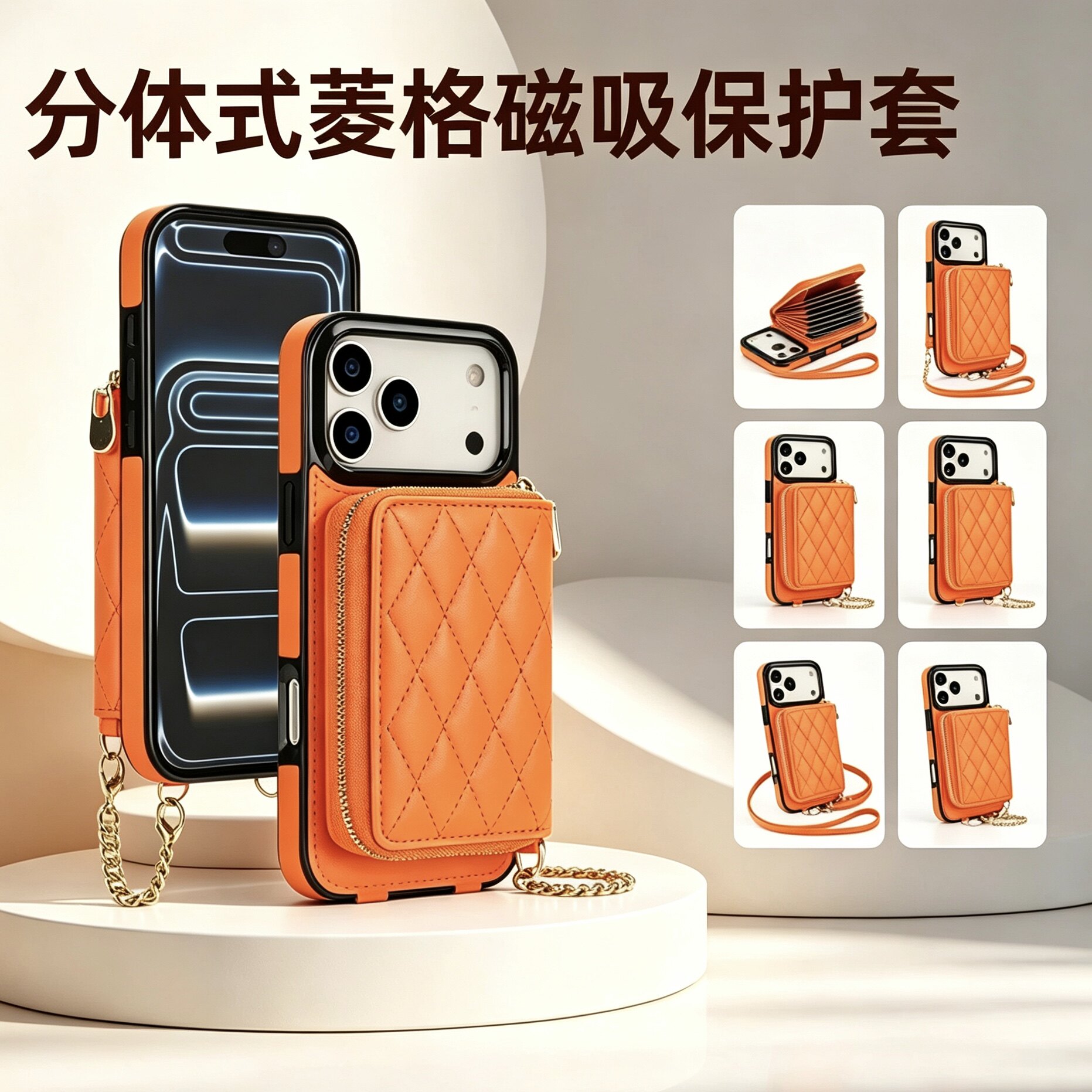 分体式菱格卡包适用苹果18promax带挂绳钱包，iphone17pro多层插卡16pm磁吸15欧美风时尚肩挎手机皮套防摔