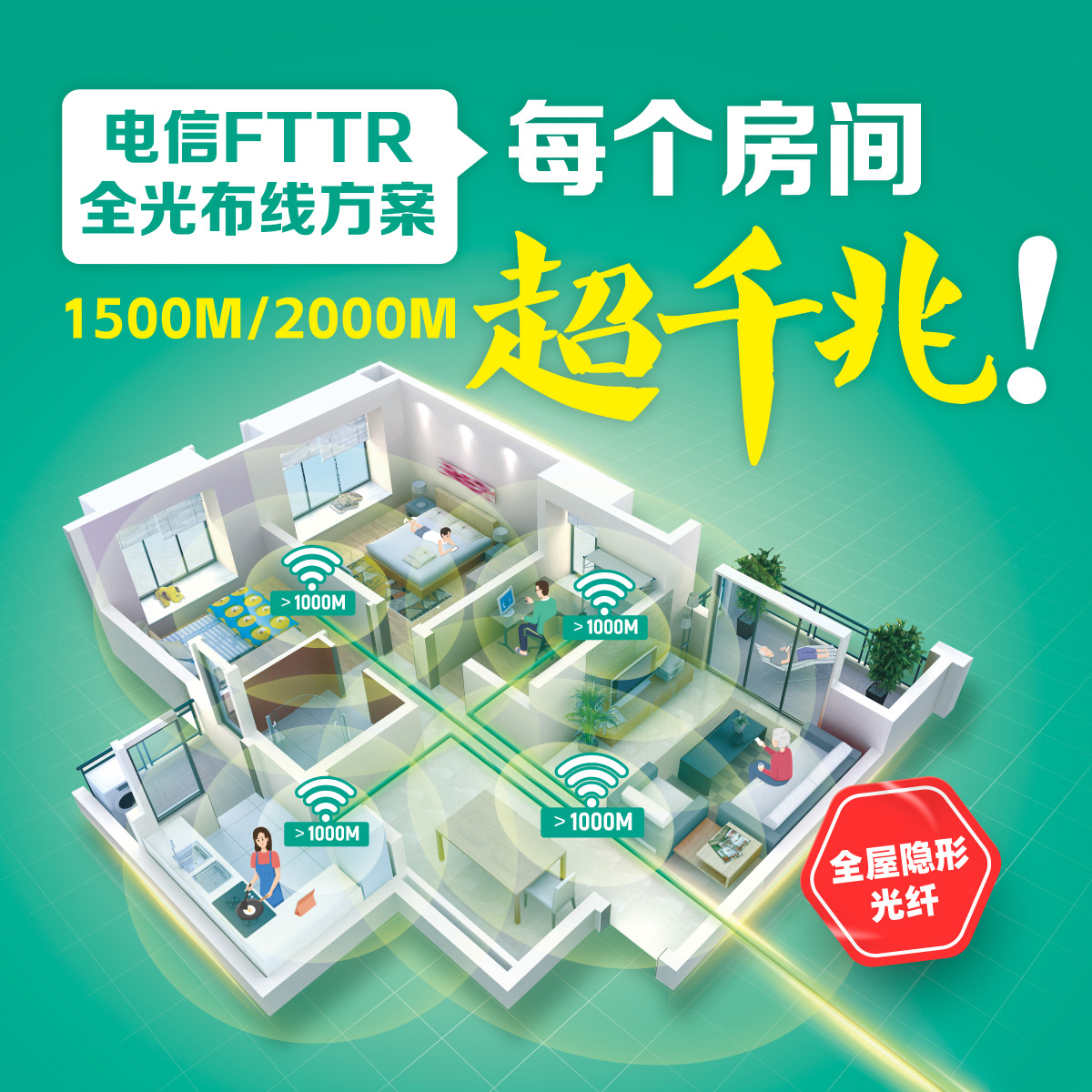 电信旗舰店中国电信可超千兆光宽带1500M2000M杭州FTTR光纤入房间