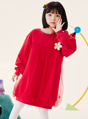 viciusss丸社女童加绒加厚连衣裙女童红色A字蓬蓬裙卫衣长袖裙