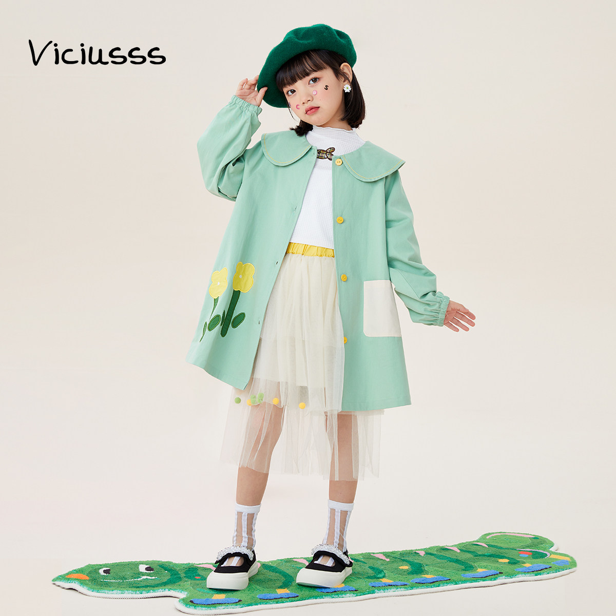viciusss丸社女童风衣中长款春秋新款洋气时髦英伦风儿童外套上衣