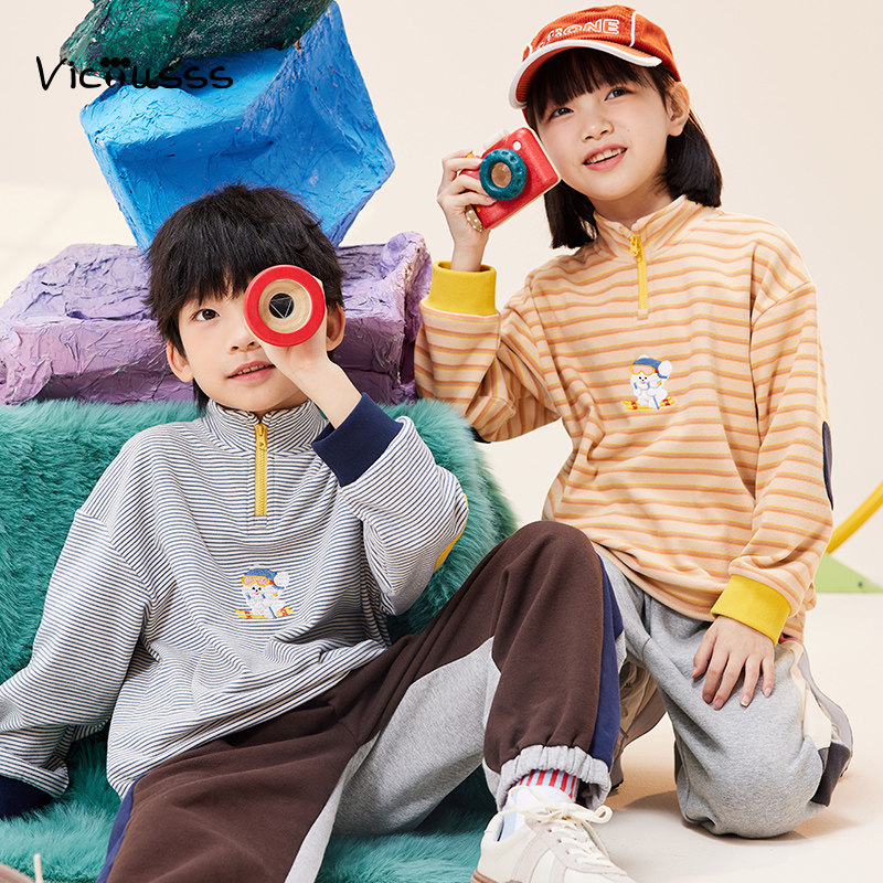 viciusss丸社儿童加绒加厚卫衣半拉链男女童条纹卡通长袖上衣秋冬