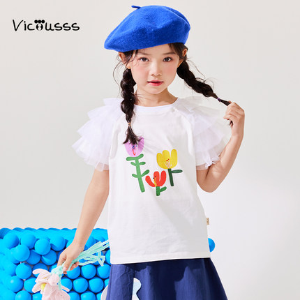 Viciusss女童圆领短袖t恤夏季新款时尚网纱袖可爱卡通印花上衣