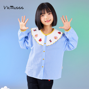 Viciusss女童可爱娃娃衫 女孩甜美淑女格子洋气百搭上衣 春装 新款
