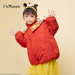 viciusss丸社童装女童棉服短款新款洋气冬季可爱新年红色棉衣外套