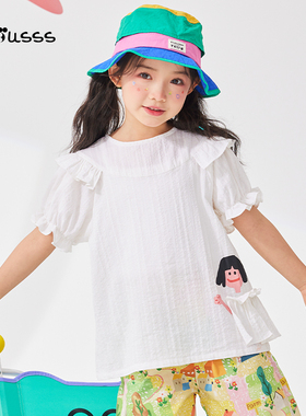Viciusss女童纯棉圆领短袖t恤夏季新品卡通小衫宽松泡泡袖上衣