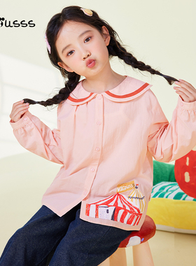 viciusss丸社女童娃娃领长袖衬衫春秋新款儿童甜美休闲纯棉上衣