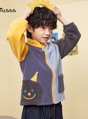 viciusss童装摇粒绒外套男童秋冬季新款时尚卡通拼色立领上衣加厚