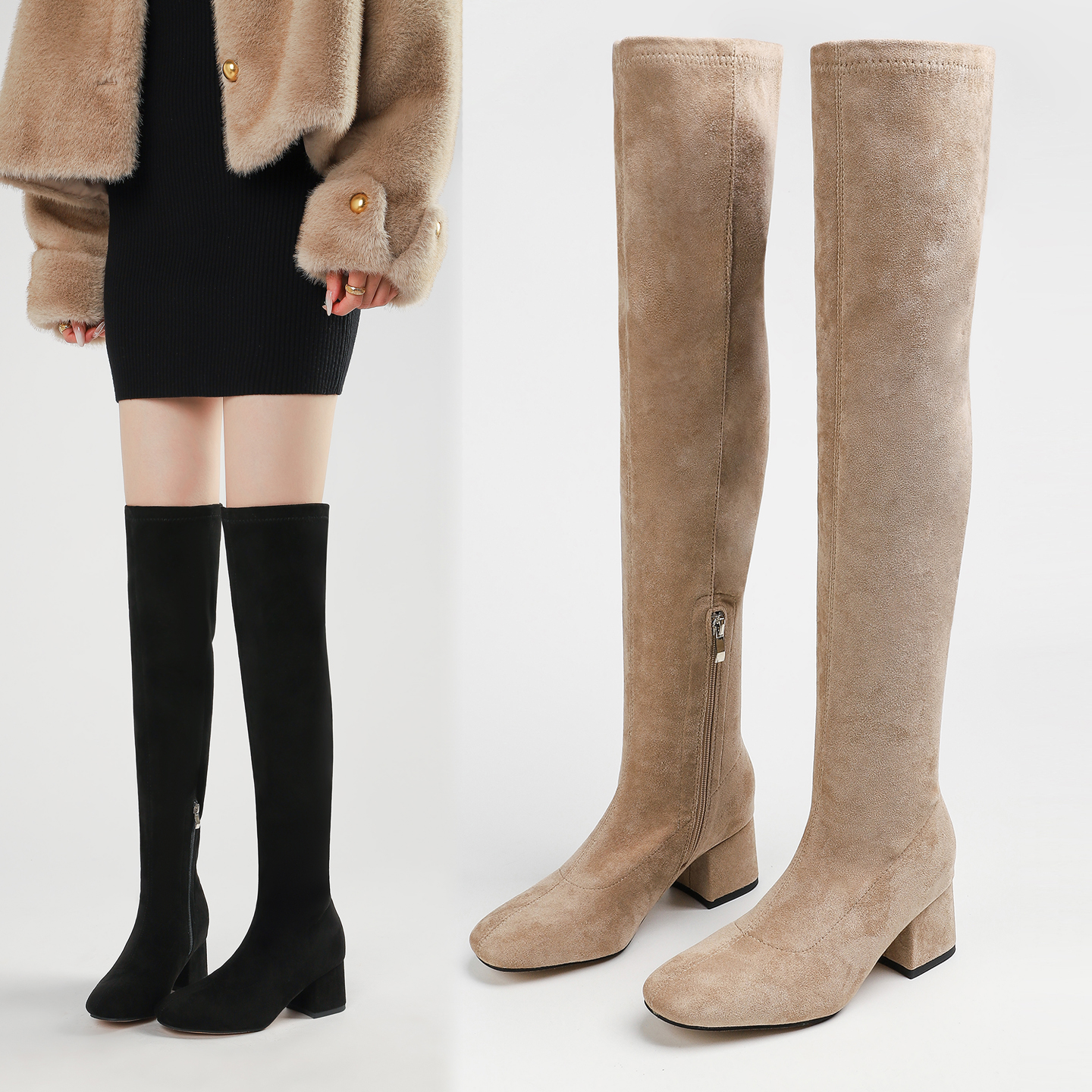 过膝长靴粗腿大筒围女靴子