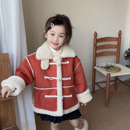 盼盼熊女童加绒外套儿童秋冬装2025新款皮毛一体中式盘扣毛毛上衣