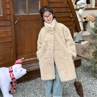 盼盼熊女童皮草仿羊羔绒毛毛外套2026儿童皮毛一体大衣加厚冬季装