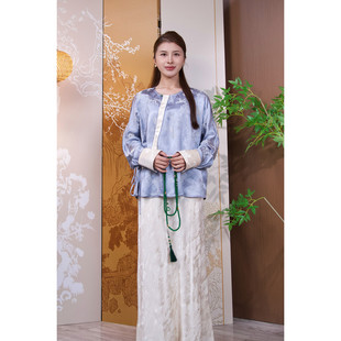 蓝色梦幻印花流苏绑带落肩圆领白色拼袖 新中式 外套 霁蓝凝霜