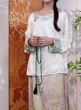 【玉纱叠翠】新中式复古白色提花薄款绣花上衣EPL10052