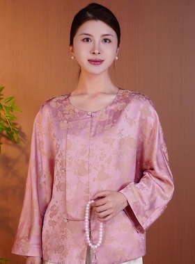 【藕荷缀花】新中式丝质双面印花圆领长袖外套EPL10067-2