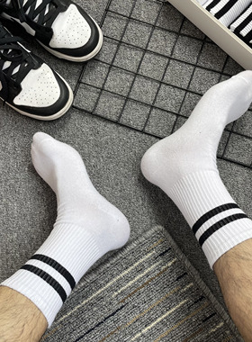 4双装春夏潮流双杠条纹薄款男袜男白袜黑袜简约吸汗防臭