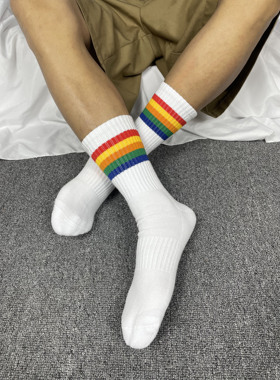 4双装彩虹条纹毛巾底秋冬男白袜纯棉长高筒吸汗加厚运动袜黑潮流