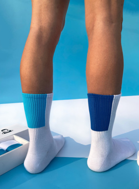 春夏长筒天蓝色克莱因蓝色方块男白袜潮流长筒高运动常规简约条纹