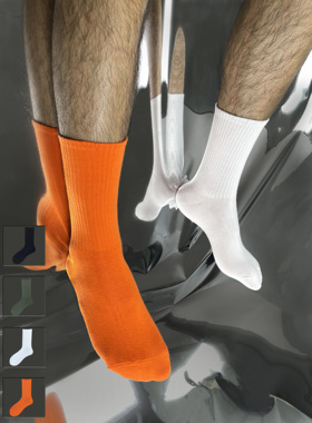 4双装春夏长高筒男白袜橙色军绿黑袜ins四季款纯色袜纯棉常规运动