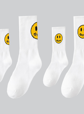 broken4双装笑脸潮流四季男中筒纯棉男白袜黑袜ins潮牌运动新款