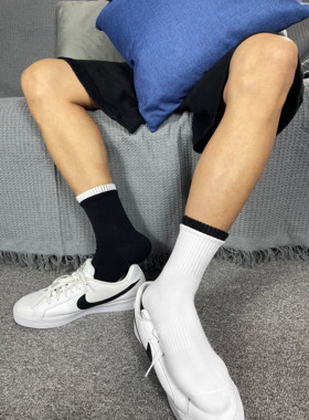 4双装 双罗口中筒袜子男士春夏季简约黑白袜蓝纯色棉运动双层袜口
