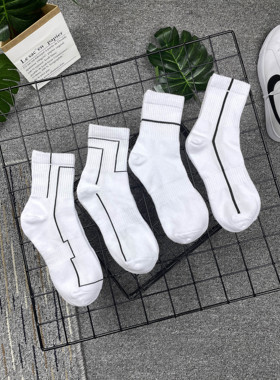 5双装春夏薄款几何条纹男袜中筒白袜ins潮流男袜百搭纯棉透气吸汗