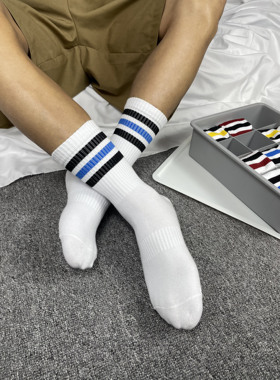 4双装薄款春夏黄蓝黑红条纹潮流男袜四季款白袜棉透气吸汗