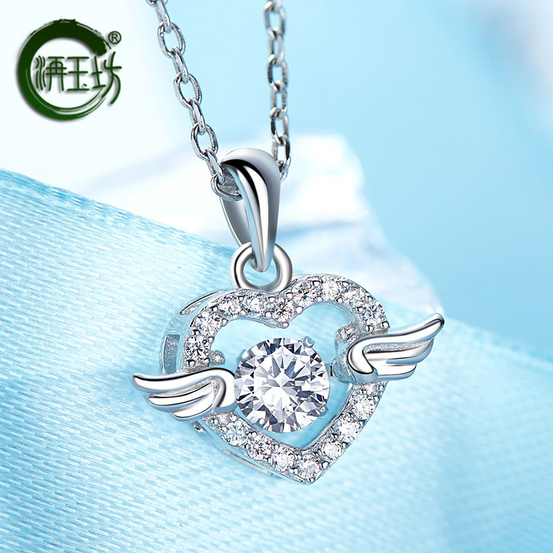 New fashion angel wings S925 Sterling Silver Necklace Pendant female Korean version smart zircon beating heart