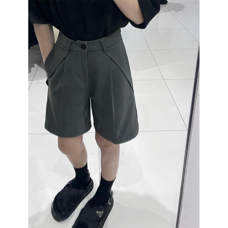 灰色西装休闲短裤女夏季薄款梨形身材大码胖mm高腰a字五分阔腿裤