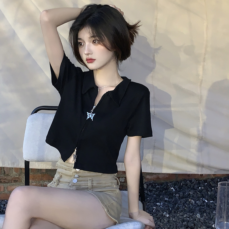 胖mm大码Polo领正肩短袖T恤女夏新款辣妹短款显瘦蝴蝶双拉链上衣