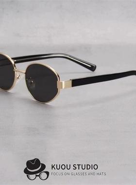 凯旋门质感金属椭圆太阳镜防紫外线出行眼镜复古粗腿插针男女墨镜