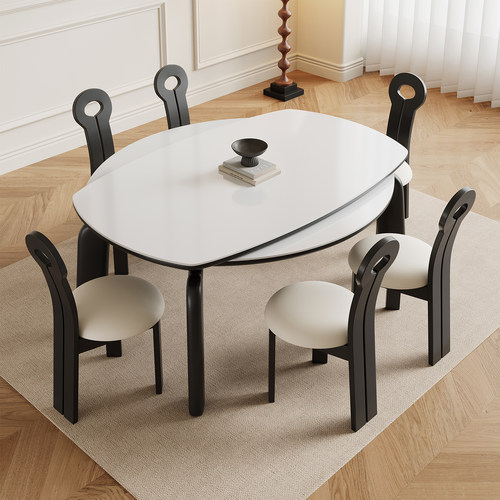 乔美特中古风大象腿伸缩实木岩板餐桌白蜡木可方变圆形餐桌椅组合