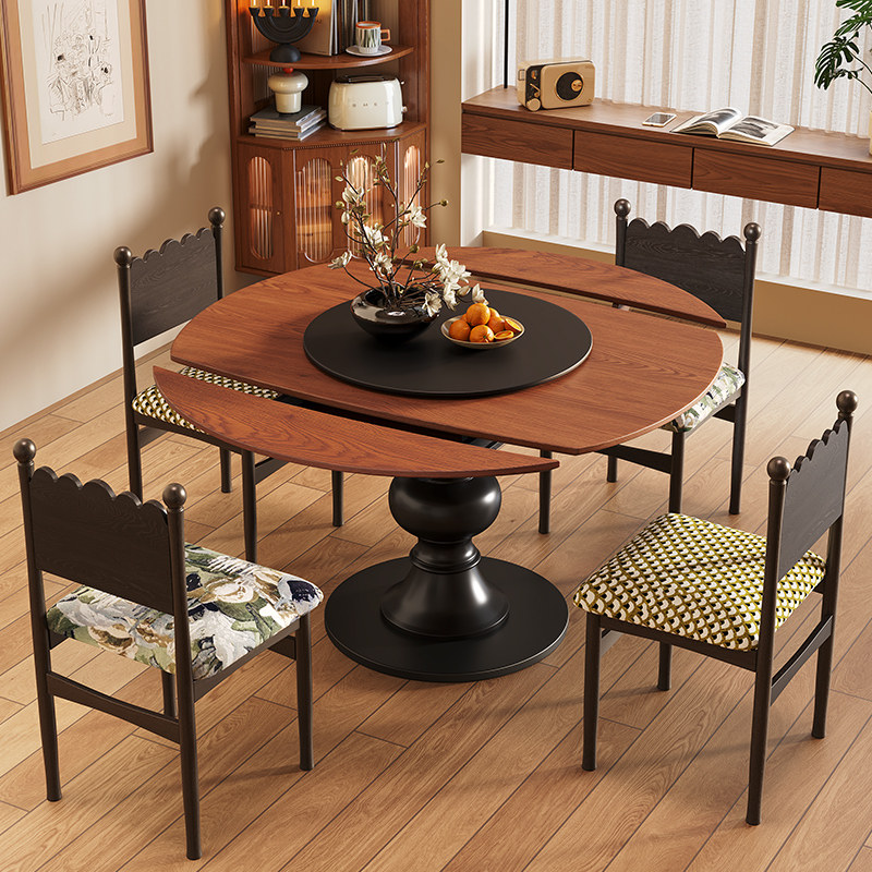 乔美特中古风罗马跳台餐桌椅实木岩板组合新款家用小户型圆形餐桌