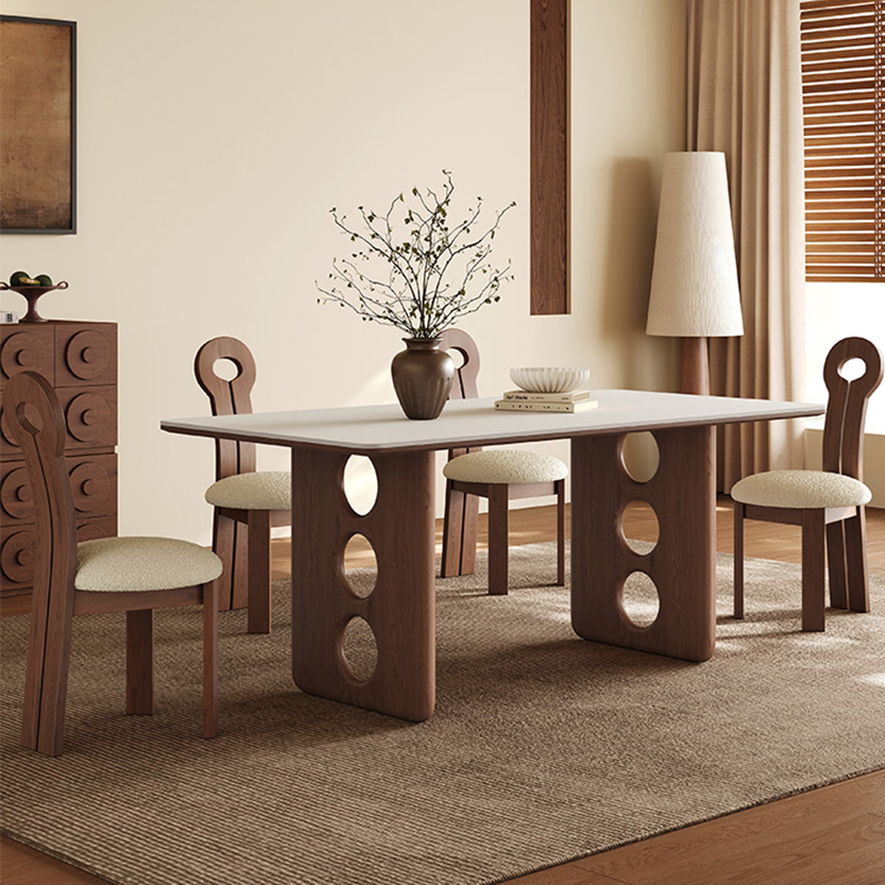 乔美特新款中古风岩板餐桌组合小户型家用法式复古长方形实木简约