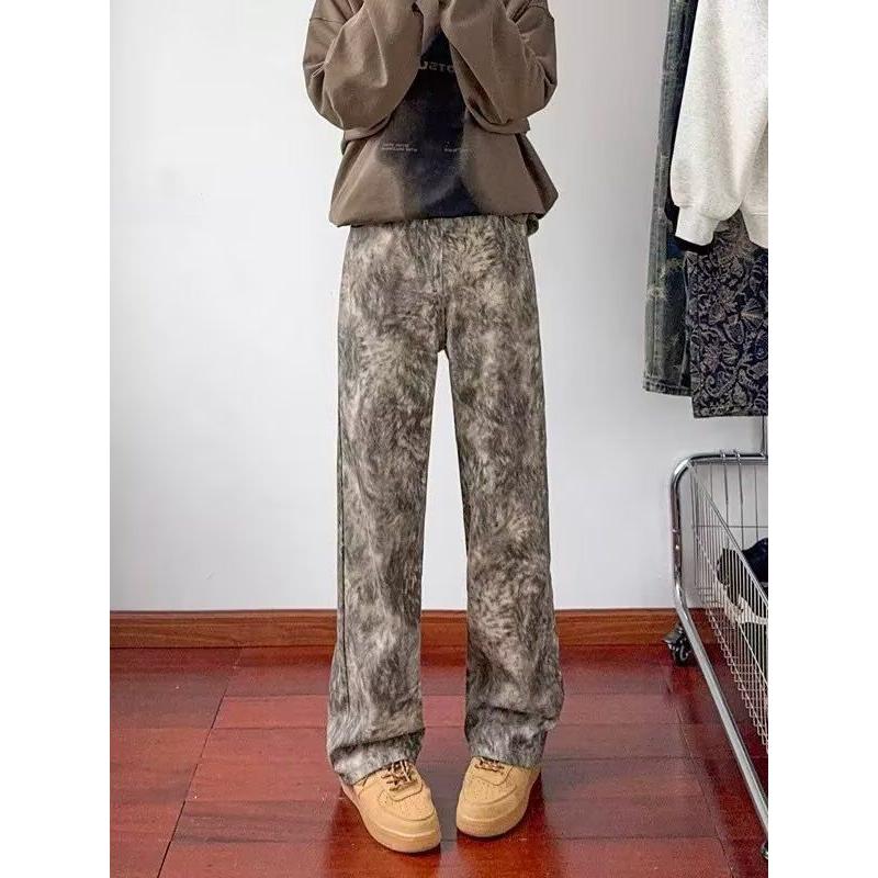 美式复古3D数码泼墨印花迷彩牛仔裤男高街做嘻哈旧低腰阔腿长裤子