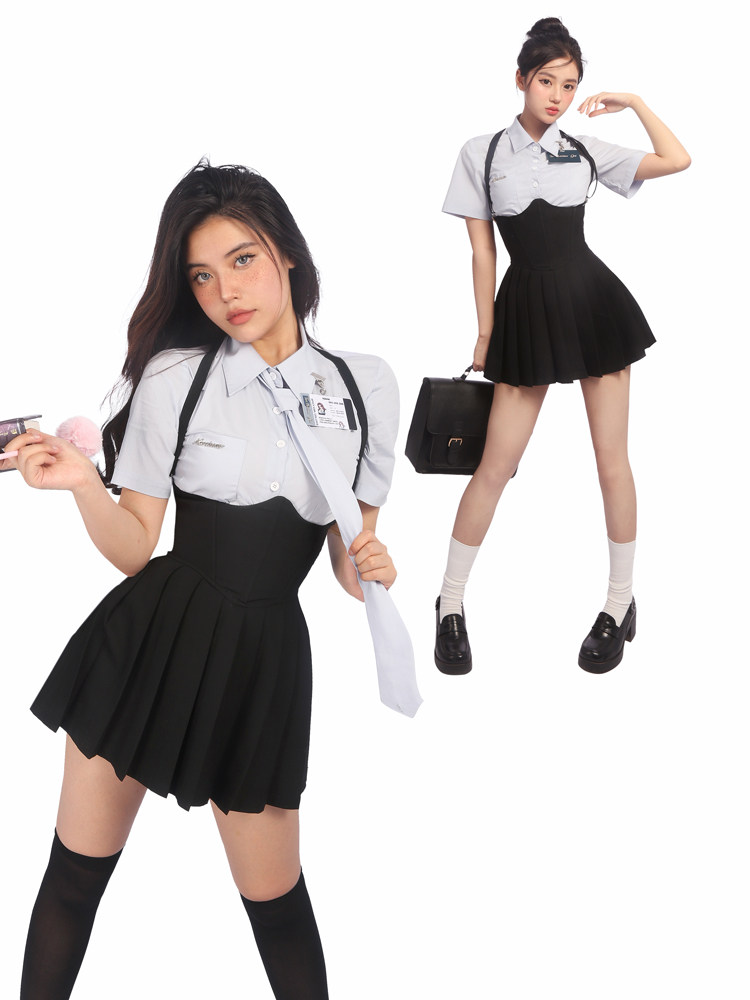 TWO NARCISSUS SIAMESE LOVE BLUE SHIRT COLLEGE FISHBONE WAIST DRESS SUIT THAI UNIFORM RETRO
