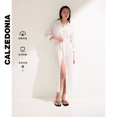 CALZEDONIA卡泽意袜夏季女士轻盈棉花卉刺绣衬衫式连衣裙0BDA196