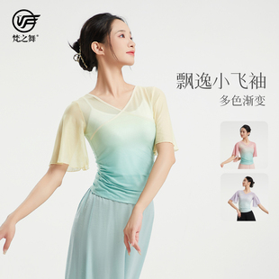 梵之舞古典舞蹈服飘逸女纱衣身韵练功服渐变色网纱褶皱小飞袖 上衣