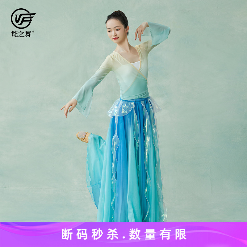 中国风古典舞蹈渐变色身韵纱衣上衣女飘逸飘带长裙子表演练功服装