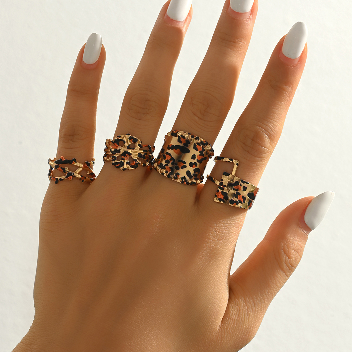 欧美复古豹纹几何开口四件套戒指