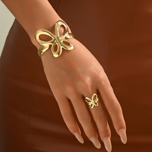 潮流气质复古金色蝴蝶开口可调节大小手镯戒指女时尚 指环饰品 个性