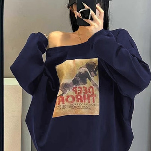 美式 时尚 复古宽松慵懒风卡通印花斜肩卫衣女潮 新款 韩国东大门秋季