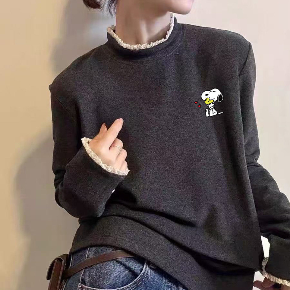 花边领打底衫2025新款今年流行爆款加绒厚款德绒半高领长袖t恤女