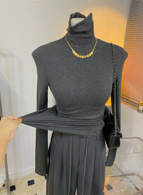 2025新款韩版灰色显高级简约轻奢高领包裹性好紧身螺纹长袖T恤女
