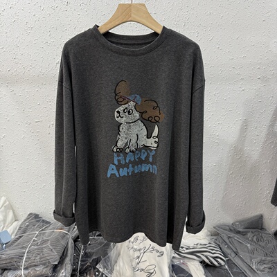 2025秋冬新款宽松时尚卡通狗狗印花长袖T恤德绒保暖加厚上衣女潮