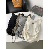 T恤高弹修身 夏季 外穿带胸垫抽绳背心女时髦显瘦内搭无袖 方领吊带