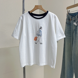 寬松顯瘦套頭休閑t恤衫 女 上衣夏新品 韓代雪花棉卡通女孩圖案短袖