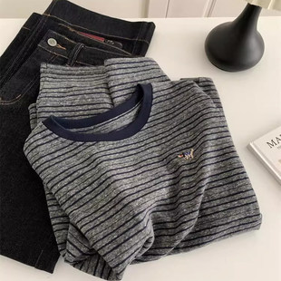 广州十三行女装条纹内搭打底衫t恤女刺绣韩系氛围感秋冬加厚上衣