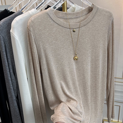 柔软莱赛尔天丝羊毛长袖t恤女士洋气内搭薄款面膜正肩打底衫春秋