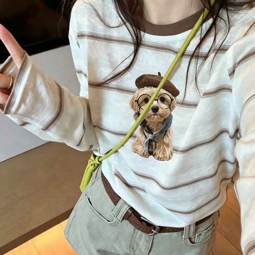 韩系咖白条纹撞色长袖T恤女2026早秋新款印花百搭慵懒打底衫上衣