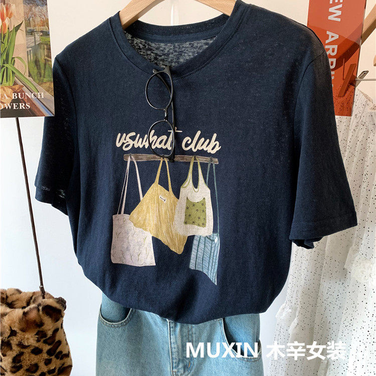 彩色背包印花雪花棉夏季新款薄款透气宽松休闲复古女式短袖T恤衫
