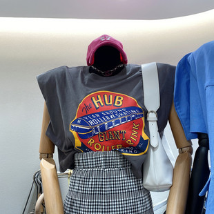 新款 韩国时髦洋气短款 t恤女2021夏季 无袖 垫肩背心宽松外穿上衣潮
